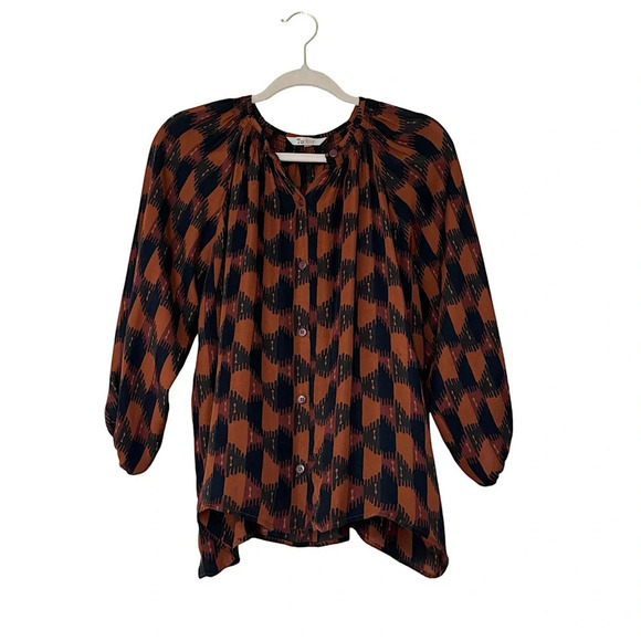 Tucker 3/4 Sleeves Silk Black Earthy Brown Grid Print Blouse Top Size S - Picture 1 of 14